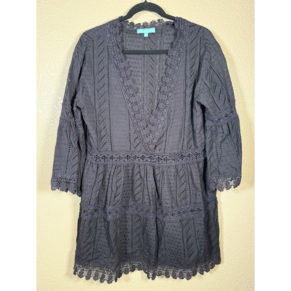 Melissa Odabash Victoria Black Mini Dress Size M Kaftan Cover Up Bell Sleeves - Picture 1 of 9